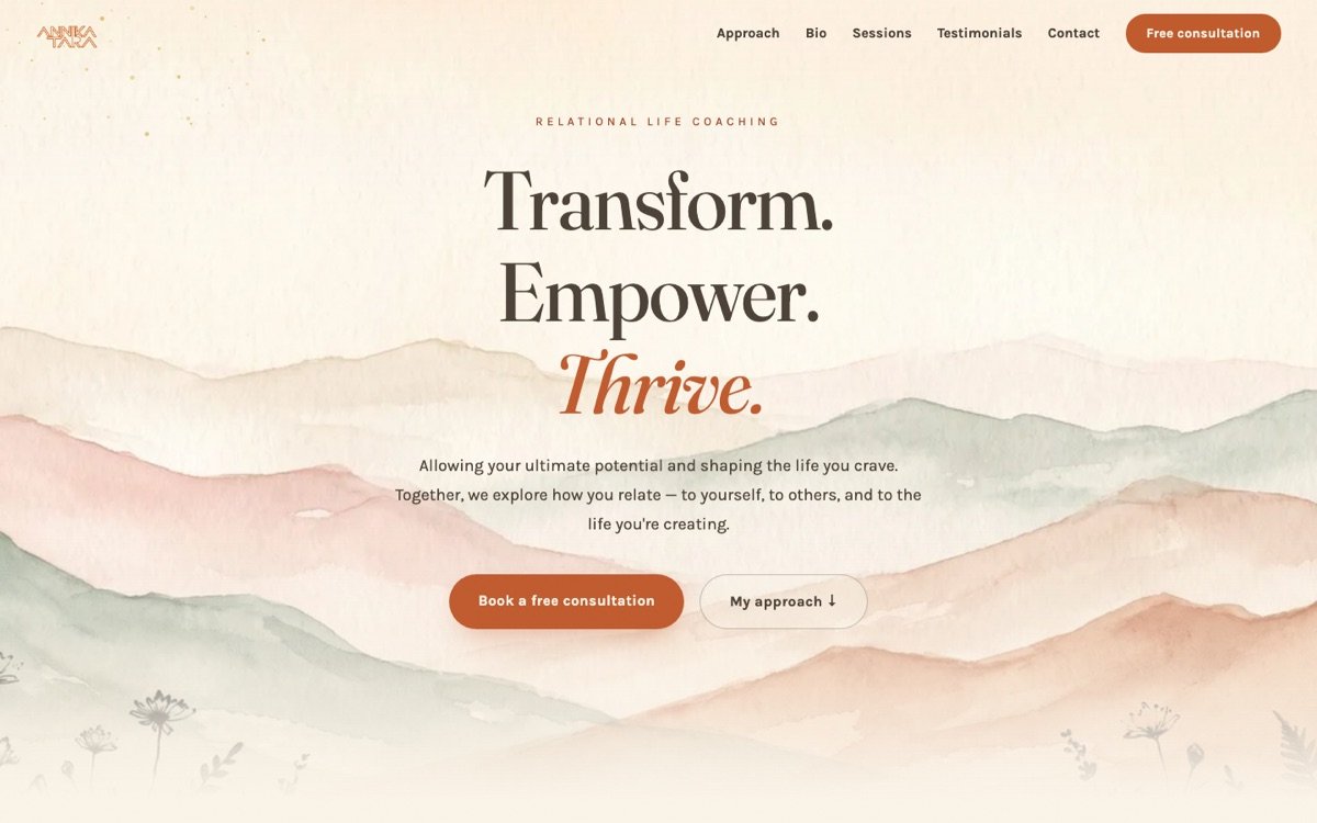 Annika Tara's home page: the words Transform. Empower. Thrive. in a tall serif over soft watercolour mountains in sage and terracotta.