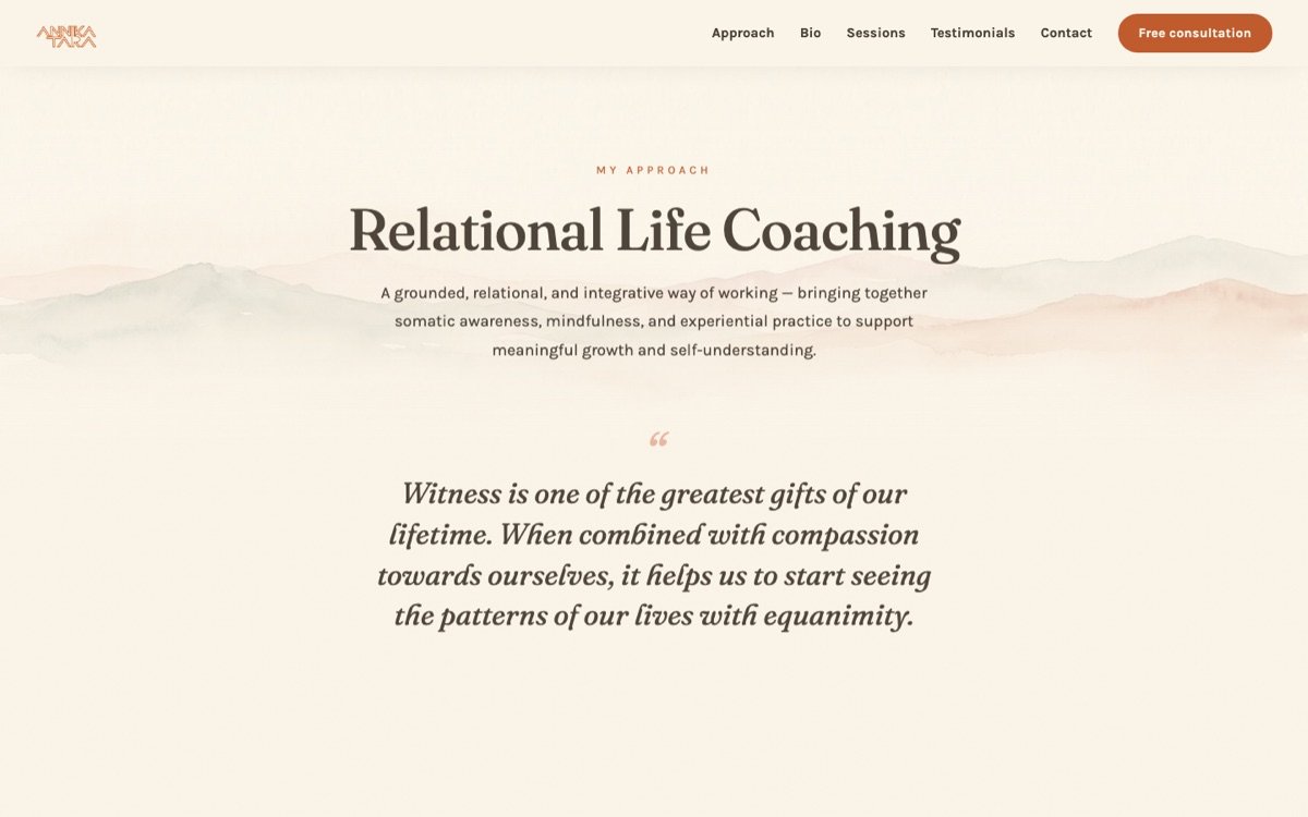 Annika Tara's approach page: the heading Relational Life Coaching above a large italic pull-quote about witness and compassion, over pale watercolour hills.