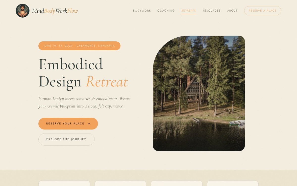 The Embodied Design Retreat page in the light parchment palette: cream ground, ember accents, a serif headline beside a photograph of a wooden lodge among pines by a lake.