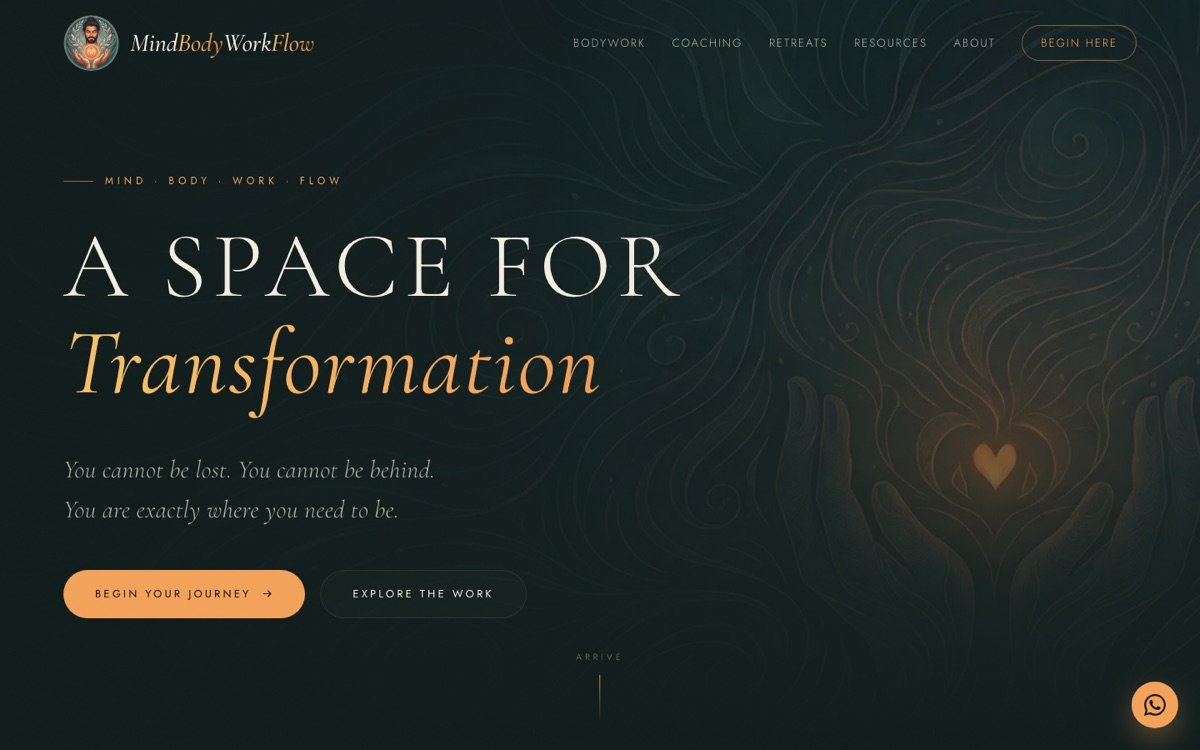 The MindBodyWorkFlow home page: cream serif headline reading A Space for Transformation over a dark ink-teal illustration of cupped hands holding a glowing heart.